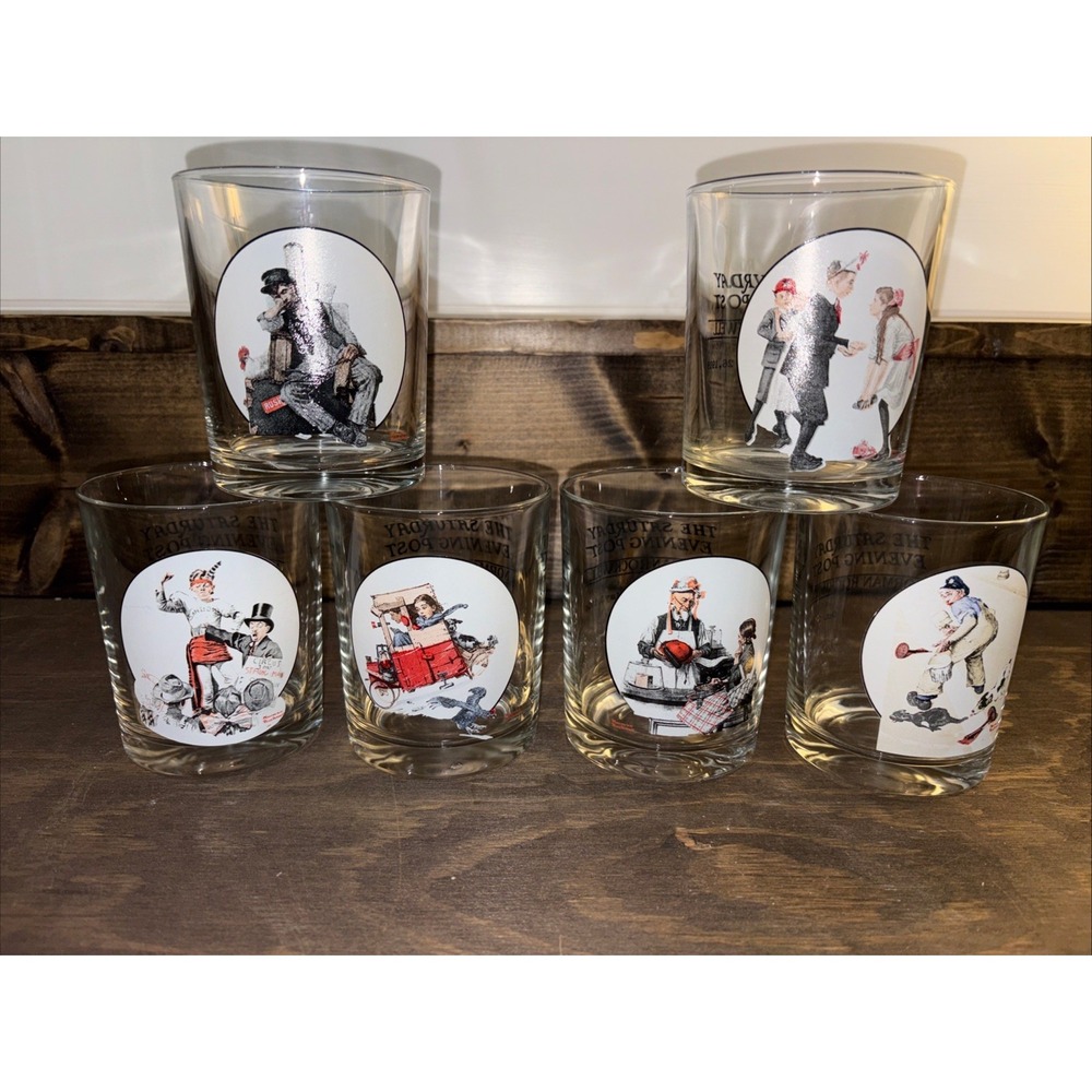 Set of 6 Norman Rockwell Glasses The Saturday Evening Post Vintage Collectible